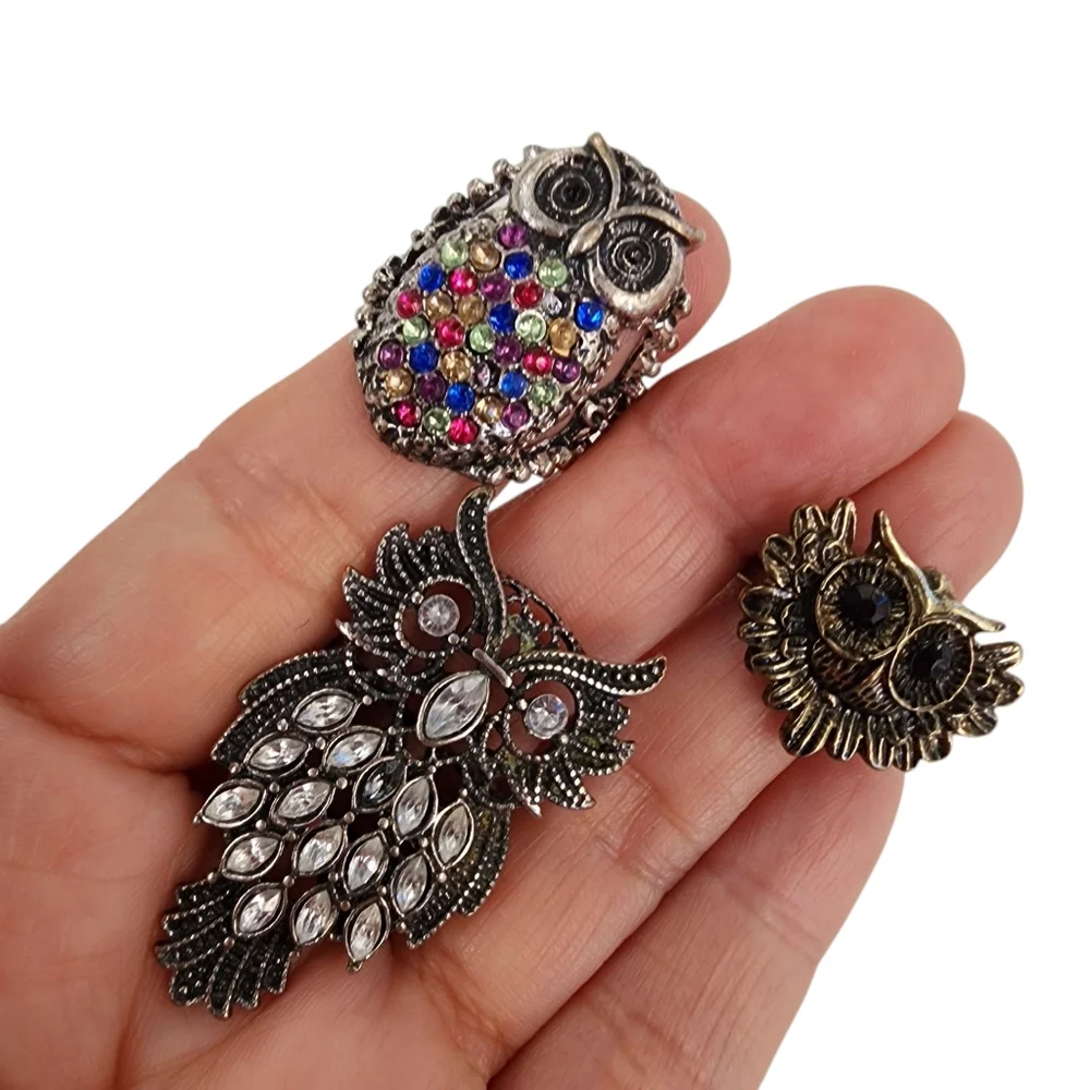 Bundle of 3 Owl Rings Antique Silver And Brass Tone With Rhinestones - Picture 3 of 15